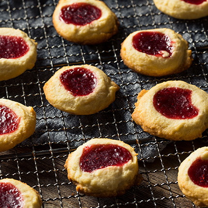 Thumbprint cookies on a wire tray