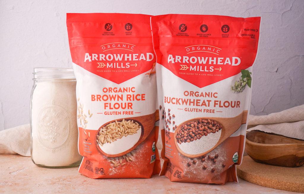 Arrowhead Mills Brown Organic Rice Flour and Organic Buckwheat Flour both contain whole grains