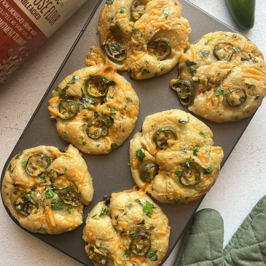 No Knead Jalapeño Cheddar Focaccia Muffins